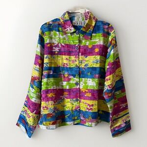 Keren Hart Women's Button  Jacket Ribbon Patchwork Art Hawaiian Floral Size XL